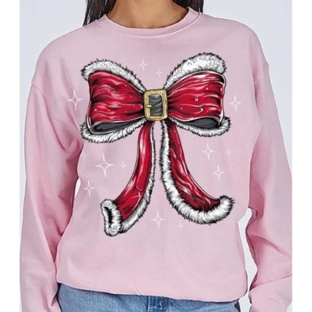 NWT Simply Southern Christmas Santa Bow Pink Crewneck Sweatshirt Women's XL-XXL